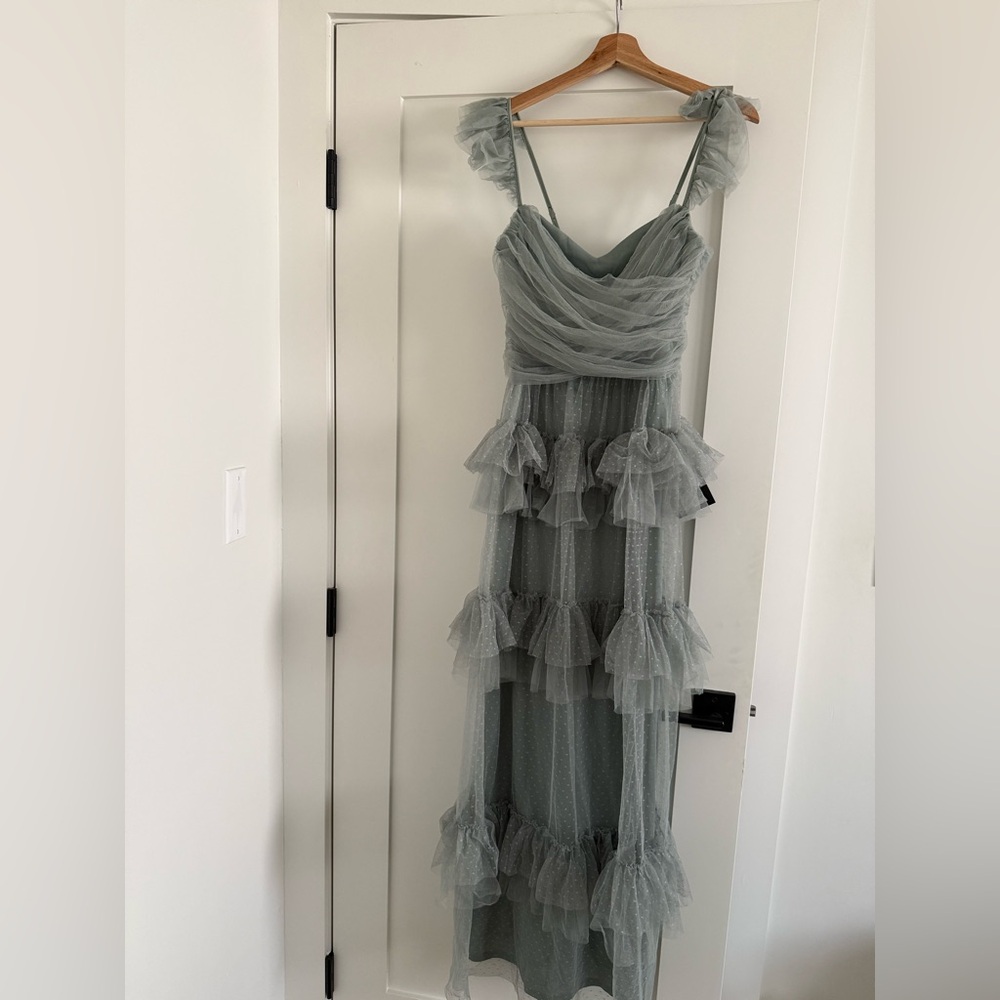 Pure Radiance Sage Brush Mesh Swiss Dot Tiered Maxi Dress